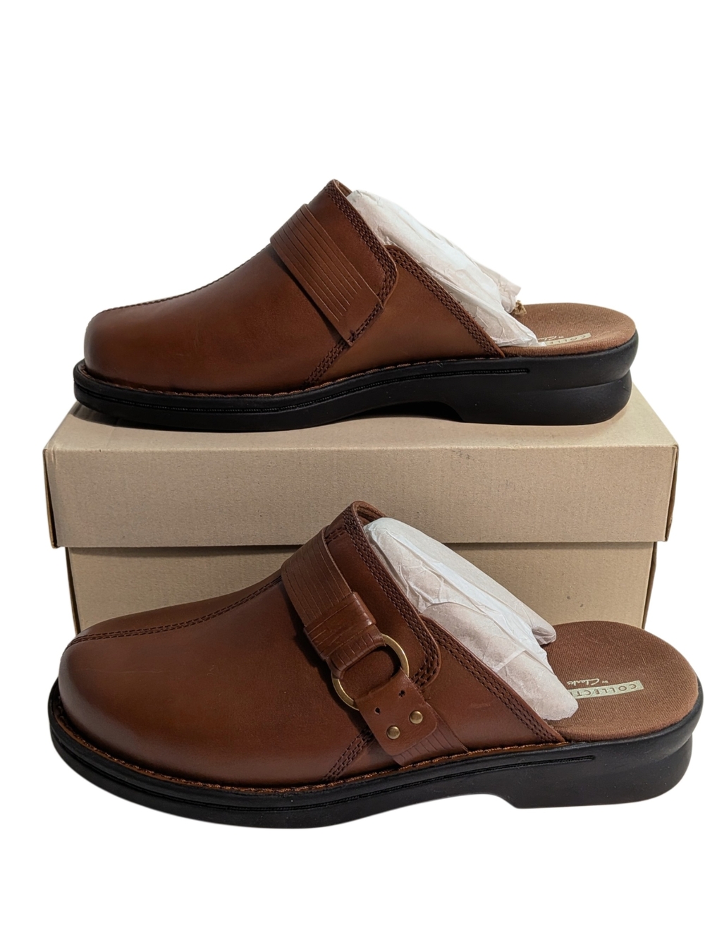 Clarks Patty Lorene Clogs Womens 8.5 WW Dark Tan Leather Mule Cushion Soft